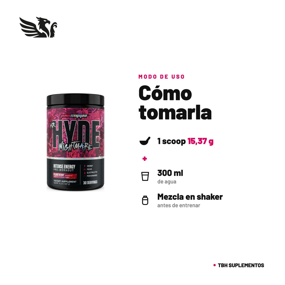 Mr. Hyde Nightmare ProSupps — cómo tomarla, modo de uso: Disuelve 1 scoop (15,37 g) en 300 ml de agua y bébelo 15-30 min antes de entrenar. Evalúa tu tolerancia con 1/2 cucharada la primera vez. No consumir dentro de las 4 horas previas a dormir. Máximo 1 porción al día. 100% original, envío a todo Chile.