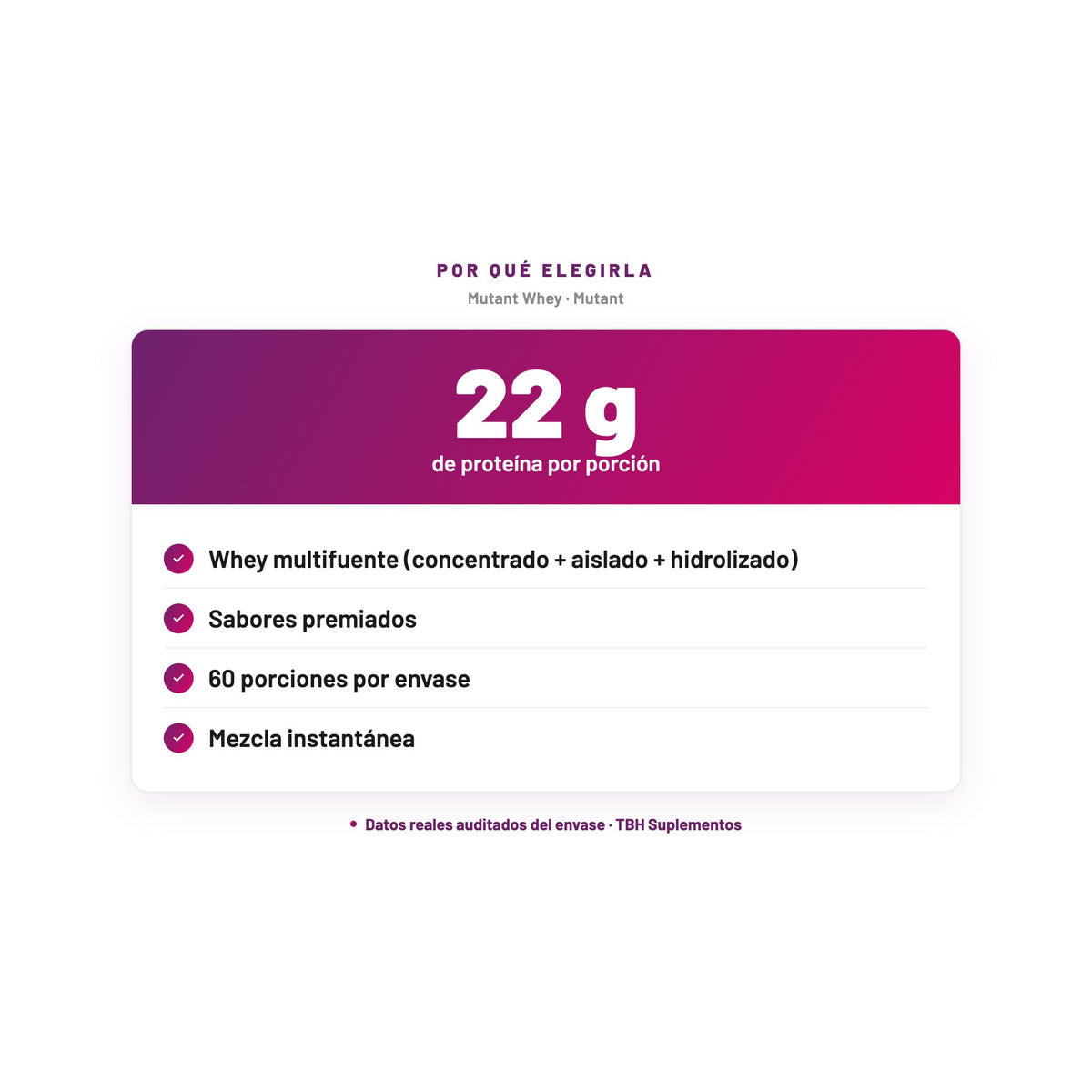 Mutant Whey — 22 g de proteína por porción; Whey multifuente (concentrado + aislado + hidrolizado); Sabores premiados; 60 porciones por envase; Mezcla instantánea