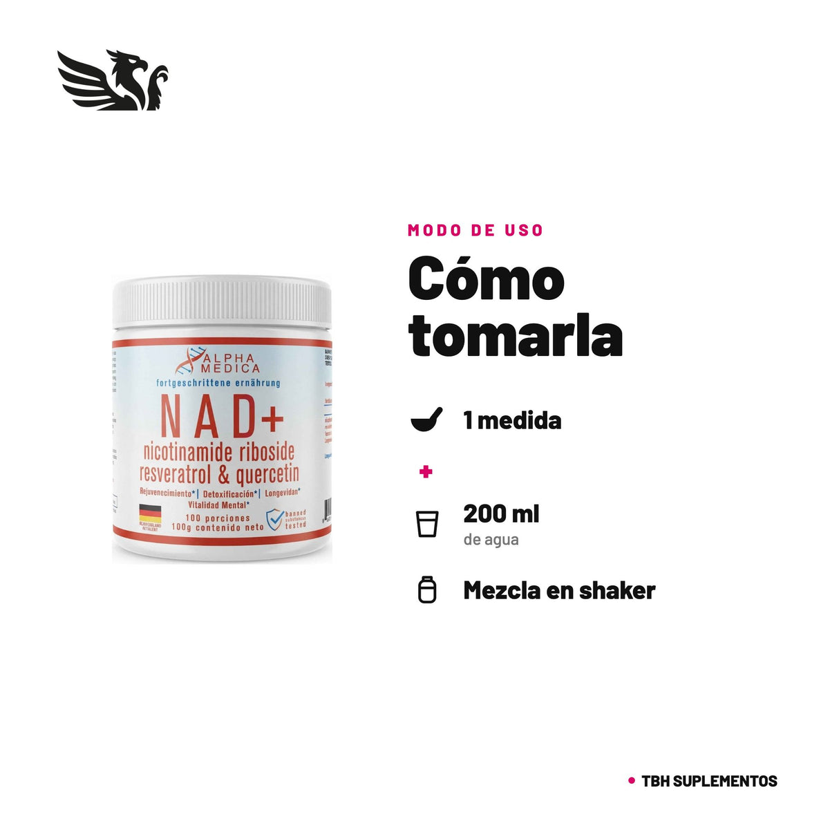 NAD+ Alpha Medica — cómo tomarla, modo de uso: Mezcla 1 g (aprox. ¼ de cucharadita) con 200 ml de agua, jugo o tu bebida favorita. Agítalo o bátelo enérgicamente antes de consumir; al no llevar dispersantes artificiales, puede no disolverse por completo. 100% original, envío a todo Chile.