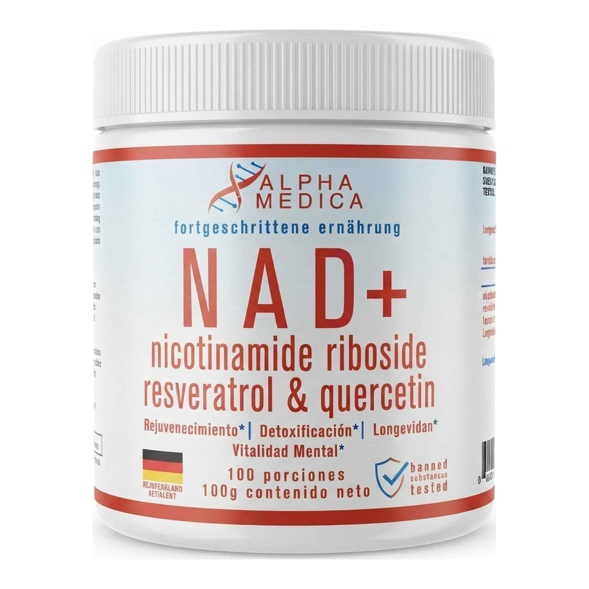 NAD+ de Alpha Medica — fórmula en polvo con nicotinamida, resveratrol y quercetina, 100 porciones — envase holográfico