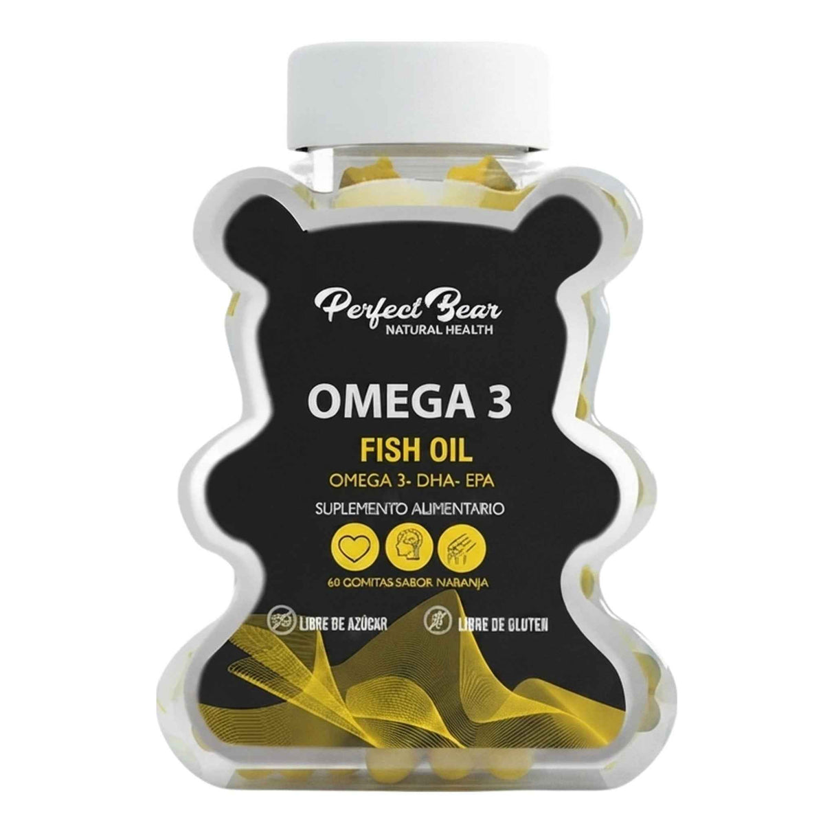 Omega 3 Fish Oil de Perfect Bear — gomitas con 123 mg de EPA y 82 mg de DHA, aceite de pescado, sabor naranja — envase osito de 60 gomitas