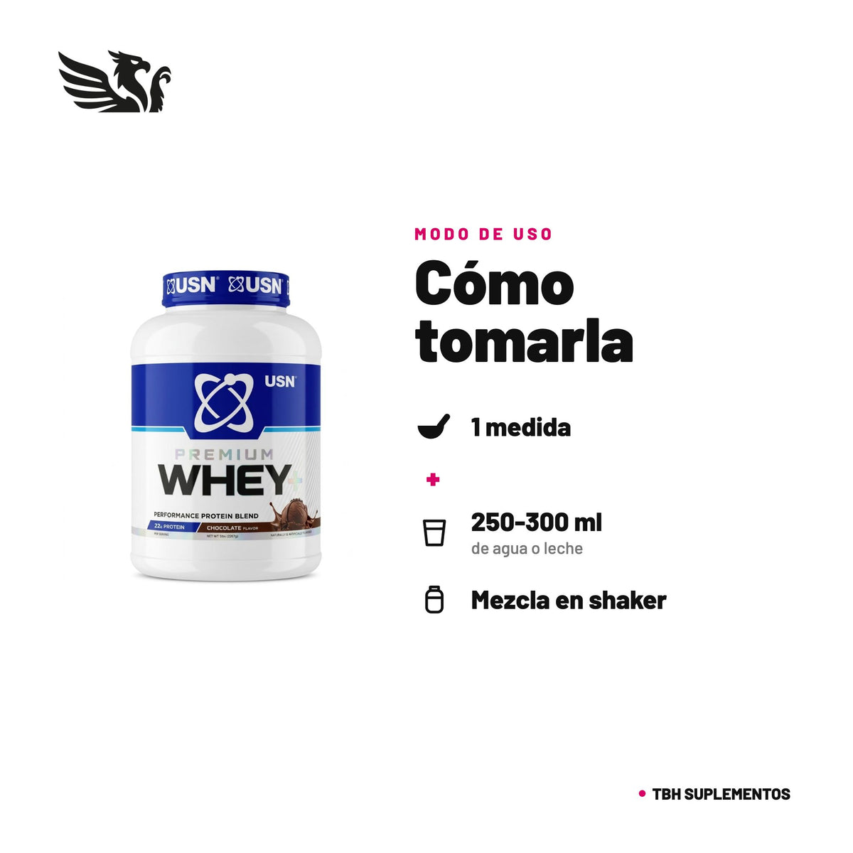 Premium Whey+ USN — cómo tomarla, modo de uso: 1 medida en 250-300 ml de agua o leche, 1 a 2 veces al día. 100% original, envío a todo Chile.