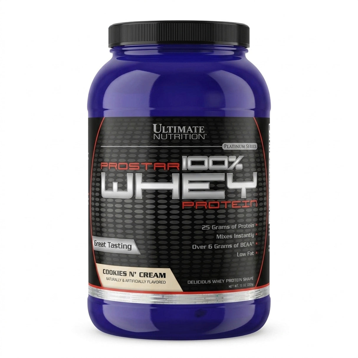 Proteína Prostar 100% Whey Ultimate Nutrition sabor Cookies & Cream — envase de 2 lb (907 g) — 25 g de proteína por porción — vista frontal