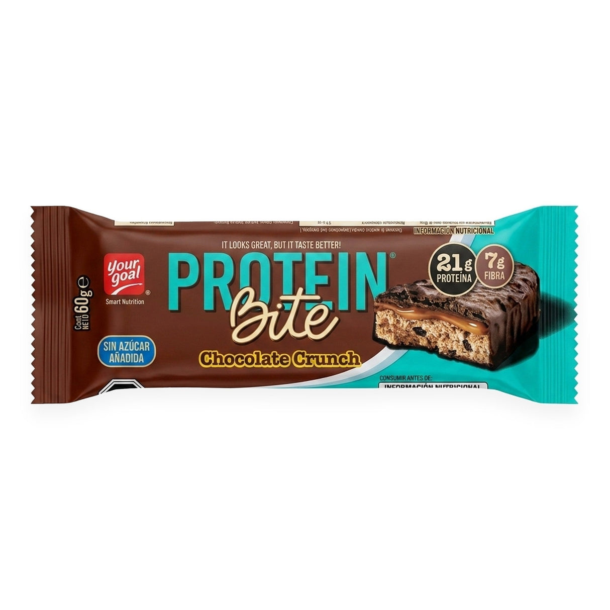 Barra de proteína Protein Bite Your Goal sabor Chocolate Crunch 60g - 21 g de proteína por porción - vista frontal del envase