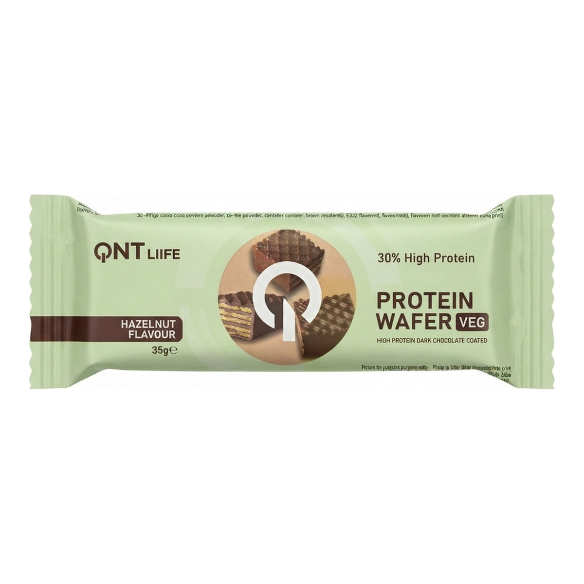 Oblea de proteína vegana Protein Wafer QNT sabor Hazelnut 35 g - 11 g de proteína vegetal, bañada en chocolate negro - vista frontal del envase