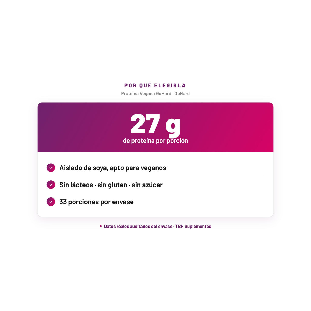Proteína Vegana GoHard — 27 g de proteína por porción; Aislado de soya, apto para veganos; Sin lácteos · sin gluten · sin azúcar; 33 porciones por envase