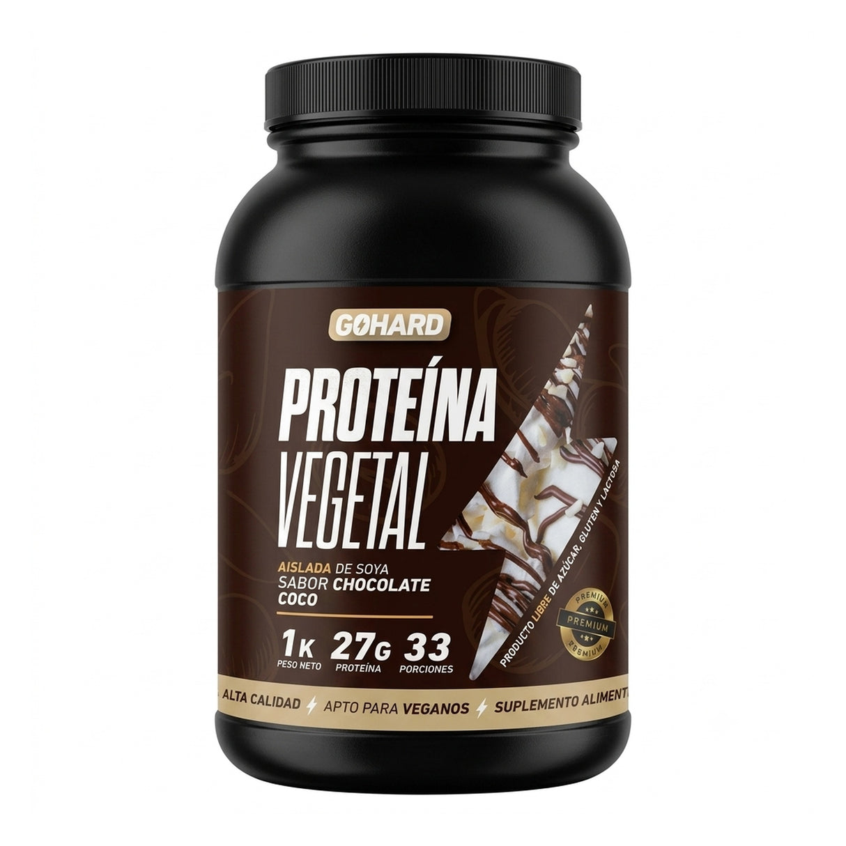 Proteína Vegana GoHard aislada de soya sabor Chocolate Coco 1 kg - 27 g de proteína por porción, libre de azúcar, gluten y lactosa - vista frontal del envase