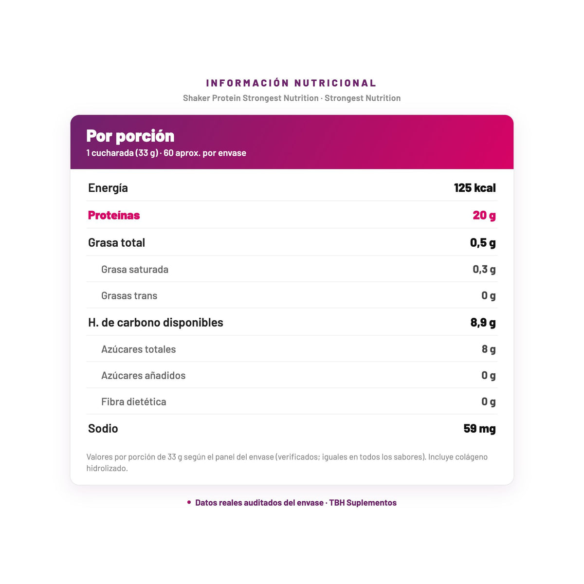 Shaker Protein Strongest Nutrition — información nutricional por porción, datos verificados del envase