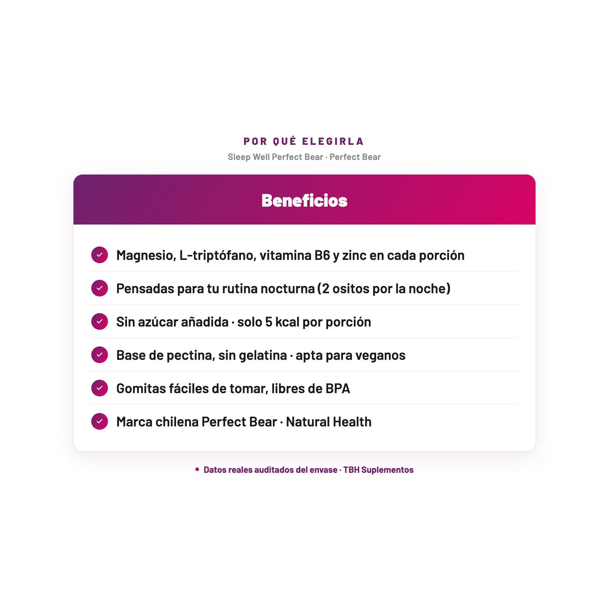 Sleep Well Perfect Bear — Magnesio, L-triptófano, vitamina B6 y zinc en cada porción; Pensadas para tu rutina nocturna (2 ositos por la noche); Sin azúcar añadida · solo 5 kcal por porción; Base de pectina, sin gelatina · apta para veganos; Gomitas fáciles de tomar, libres de BPA; Marca chilena Perfect Bear · Natural Health