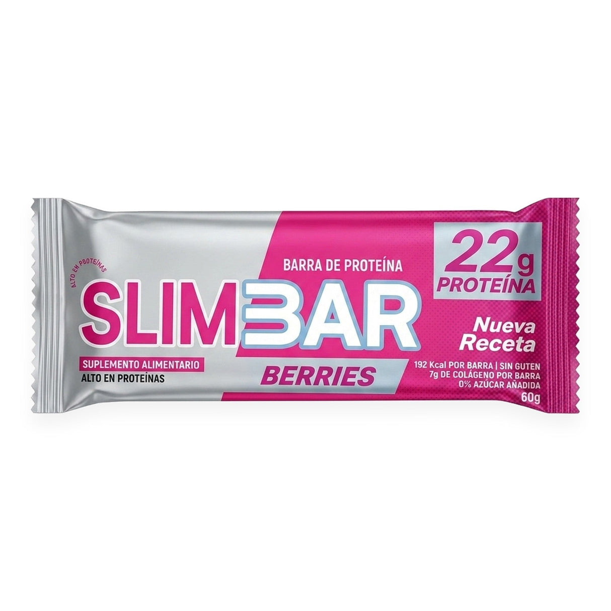 Barra de proteína Slimbar sabor Berries 60g - 22 g de proteína por porción, sin gluten - vista frontal del envase