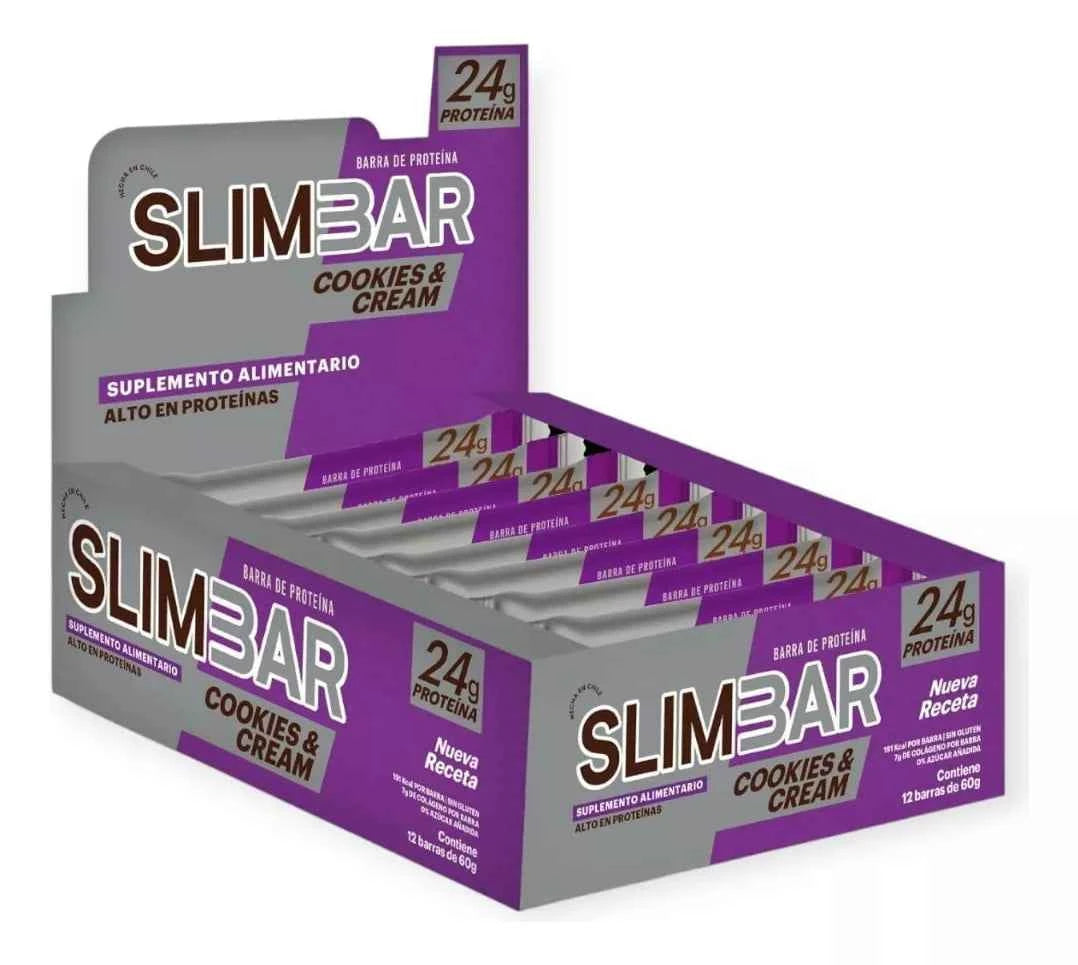 Barra Proteína SlimBar Cookies and Cream (Caja 12 Unidades) | 24g Proteína, 0 Azúcar Añadida y 7g Colágeno - TBH Suplementos