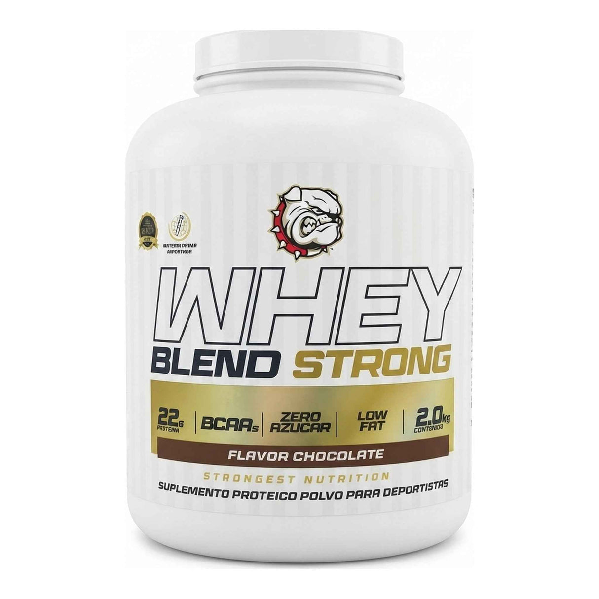 Proteína Whey Blend Strong Strongest Nutrition sabor Chocolate, formato 2 kg — mezcla de proteína de suero, 22 g de proteína por porción — vista frontal del envase