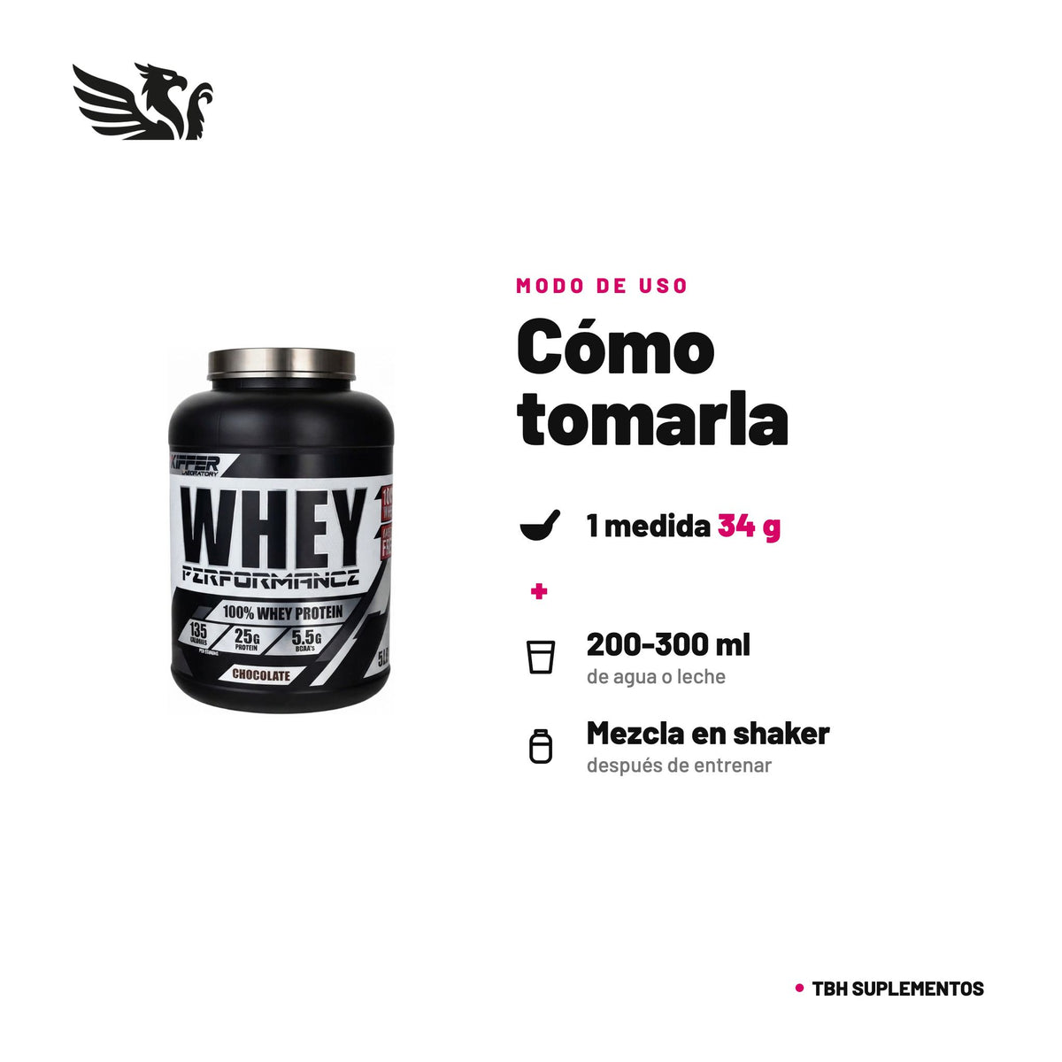Whey Performance Kiffer — cómo tomarla, modo de uso: 1 medida (34 g) en 200-300 ml de agua o leche; ajusta el líquido a la consistencia que prefieras. 1 a 2 porciones al día: antes o después de entrenar, o como colación proteica. 100% original, envío a todo Chile.