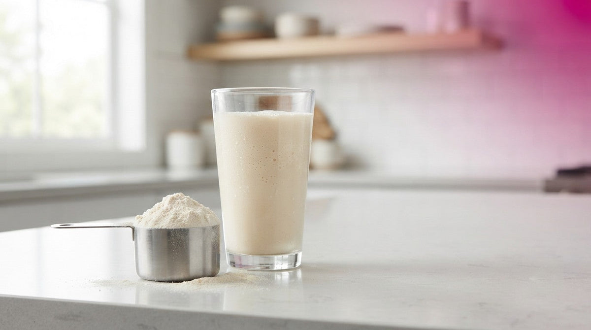 Vaso con batido de proteína aislada junto a un scoop de polvo fino