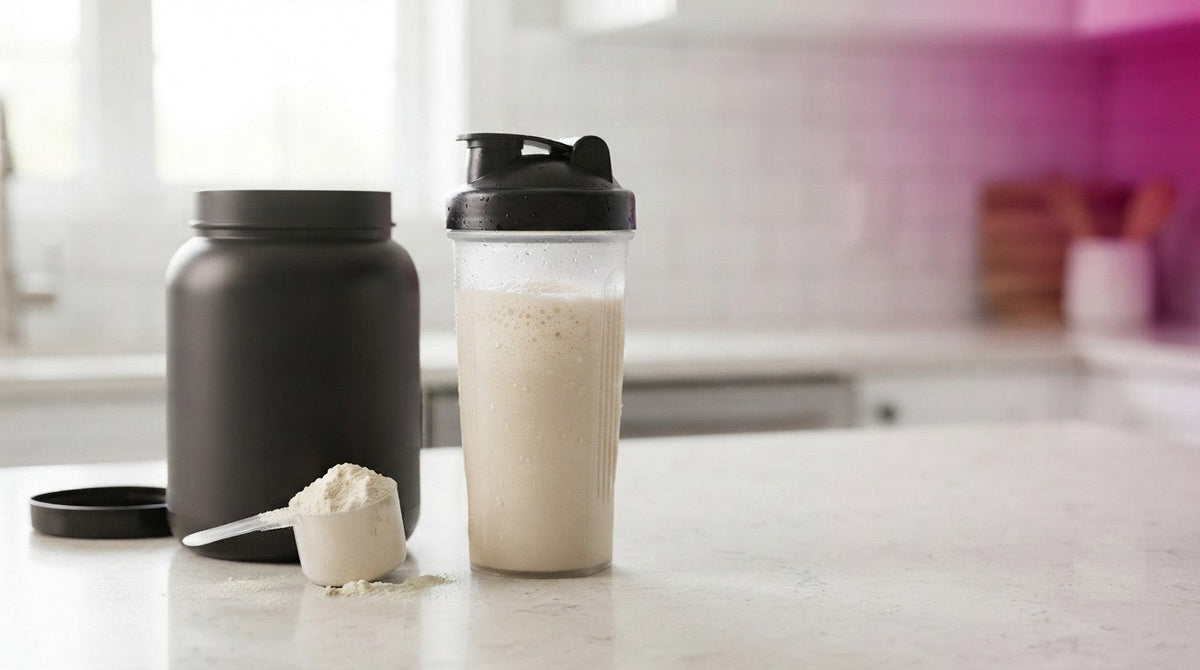 Scoop de proteína whey y shaker con batido en una cocina luminosa
