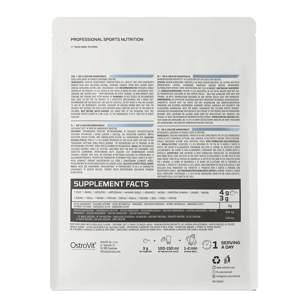 OstroVit Creatina Monohidratada 500 g Sin Sabor – Calidad Europea para Fuerza y Rendimiento