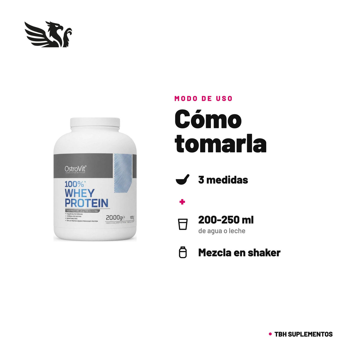 100% Whey Protein Ostrovit — cómo tomarla, modo de uso: Disuelve 30 g (unas 2-3 medidas de 12 g) en 200-250 ml de agua o leche, 1 porción al día o según tu requerimiento de proteína. Agita hasta disolver. 100% original, envío a todo Chile.