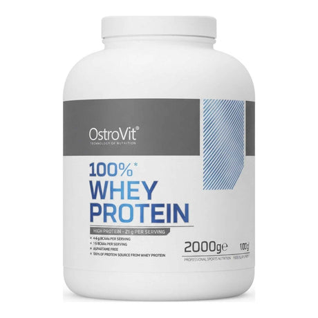 Proteína 100% Whey Protein Ostrovit sabor White Chocolate — concentrado de suero, 21 g de proteína por porción — vista frontal del envase