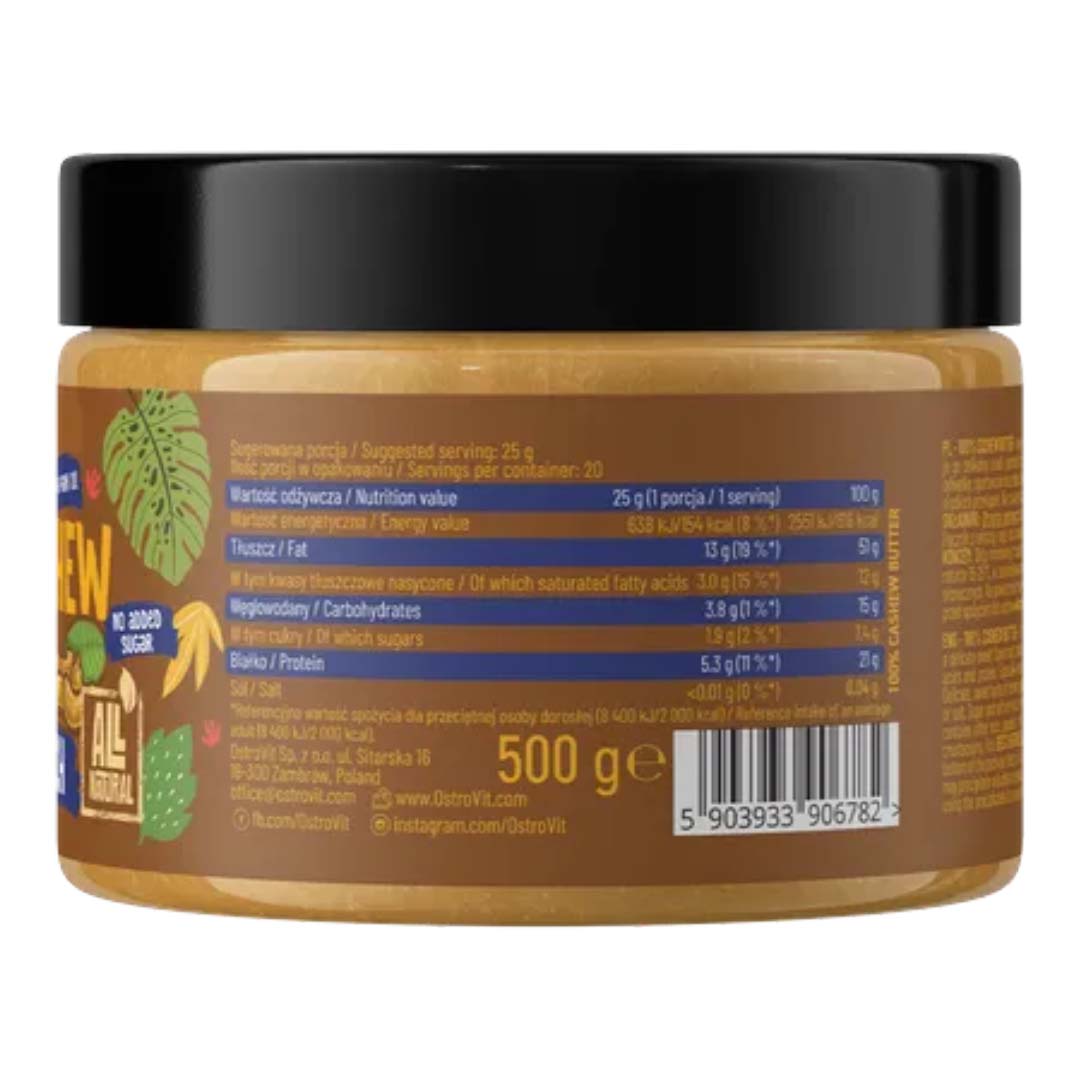 Mantequilla de Anacardo 100% Cashew Butter 500 g Smooth – Alta en Proteínas y Grasas Saludables, Sin Azúcar ni Sal Añadida
