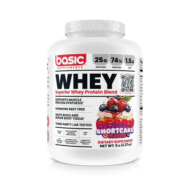 Basic Supplements Superior Whey 5 lb Berry Shortcake – Proteína de Suero Premium para Músculo y Recuperación