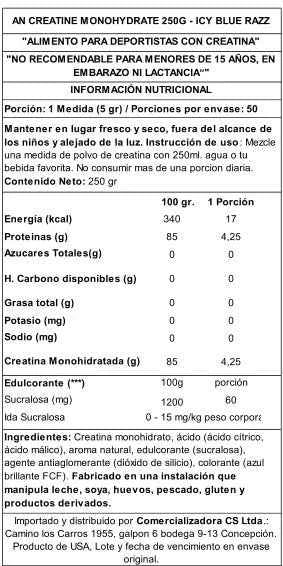 Applied Nutrition Creatina Monohidrato 250 g Icy Blue Razz – Micronizada, con Sabor Premium