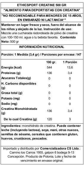 EthicSport Creatina Monohidrato 500 g Sin Sabor – Micronizada, Certificada, Made in Italy
