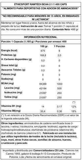 EthicSport Ramtech BCAA 2:1:1 + Beta-Alanina 400 Caps – Recuperación y Resistencia Muscular, Made in Italy