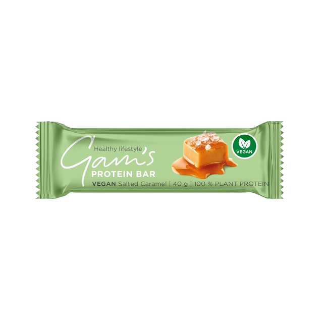Gam's Barra Proteína Vegana 40 g – Sabor Caramelo Salado, Plant-Based Sin Gluten