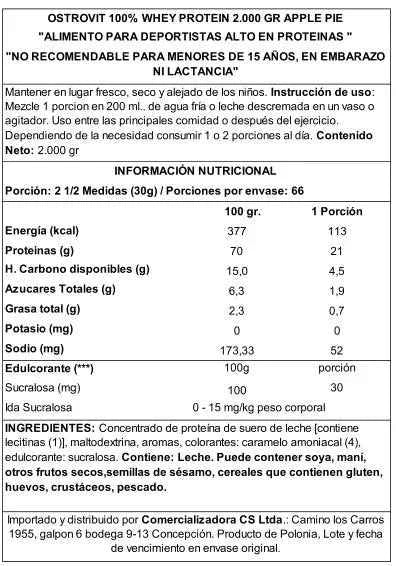OstroVit 100% Whey Protein 2000 g Apple Pie – Proteína de Suero Certificada, 66 Porciones, Calidad Europea