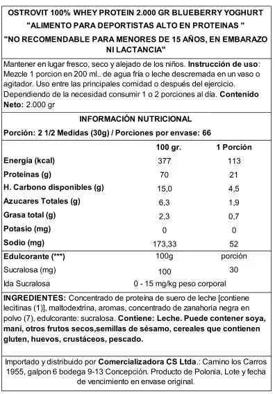OstroVit 100% Whey Protein 2000 g Blueberry Yogurt – Proteína de Suero Certificada, 66 Porciones, Calidad Europea