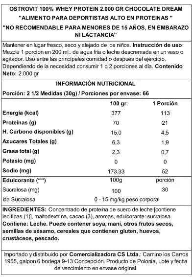 OstroVit 100% Whey Protein 2000 g Chocolate Dream – Proteína de Suero Certificada, 66 Porciones, Calidad Europea