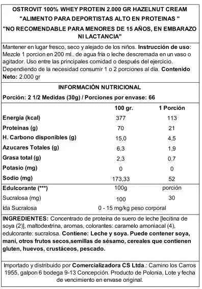 OstroVit 100% Whey Protein 2000 g Hazelnut Cream – Proteína de Suero Certificada, 66 Porciones, Calidad Europea