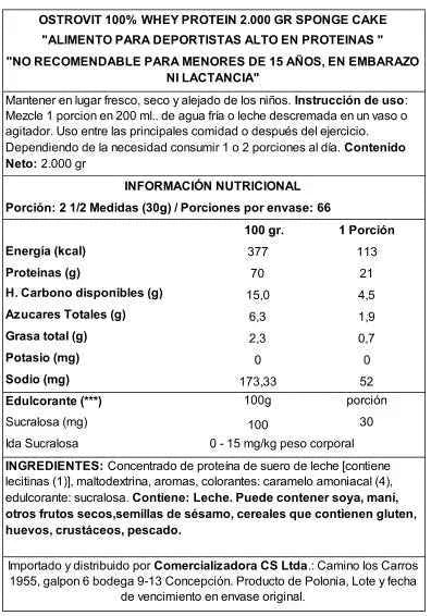 OstroVit 100% Whey Protein 2000 g Sponge Cake – Proteína de Suero Certificada, 66 Porciones, Calidad Europea