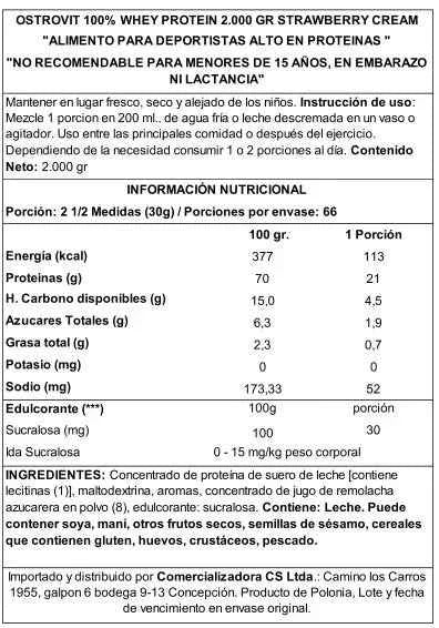 OstroVit 100% Whey Protein 2000 g Strawberry Cream – Proteína de Suero Certificada, 66 Porciones, Calidad Europea
