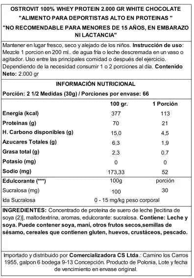 OstroVit 100% Whey Protein 2000 g White Chocolate – Proteína de Suero Certificada, 66 Porciones, Calidad Europea
