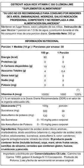 OstroVit Aqua Kick Vitamina C 300 g Lemon Lime – 1000 mg por Porción, Polvo Soluble, 30 Servicios
