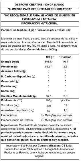 OstroVit Creatina Monohidratada 1 kg Mango – Formato Ahorro con +200 Servicios de 5 g