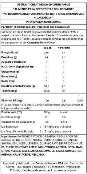 OstroVit Creatina Monohidratada 500 g Green Apple – Calidad Europea para Fuerza y Rendimiento
