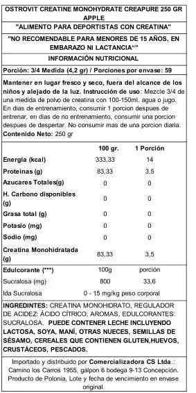 OstroVit Creatina Creapure 250 g Apple with Mint – Creatina Alemana Certificada de la Más Alta Pureza