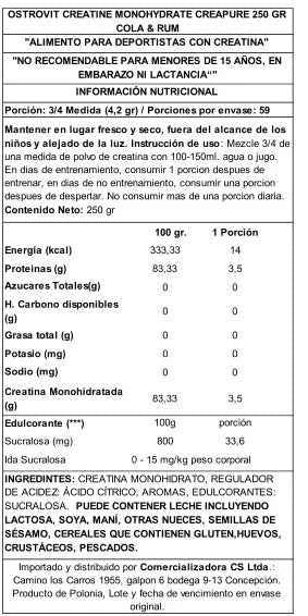 OstroVit Creatina Creapure 250 g Cola and Rum – Creatina Alemana Certificada de la Más Alta Pureza
