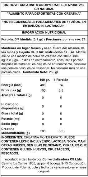 OstroVit Creatina Creapure 250 g Sin Sabor – Creatina Alemana Certificada de la Más Alta Pureza