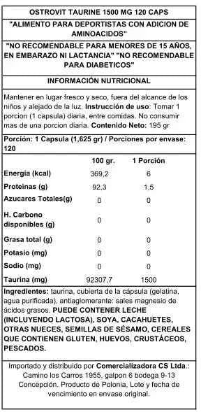 OstroVit Taurina 1500 mg 120 Cápsulas – Aminoácido para Energía, Resistencia y Salud Cardiovascular