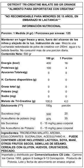 OstroVit Creatina Malato 500 g Orange – Tri-Creatina Malato para Fuerza y Resistencia Muscular