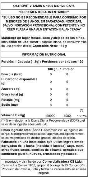 OstroVit Vitamina C 1000 mg 120 Cápsulas – Ácido L-Ascórbico Puro para Deporte, Inmunidad y Colágeno