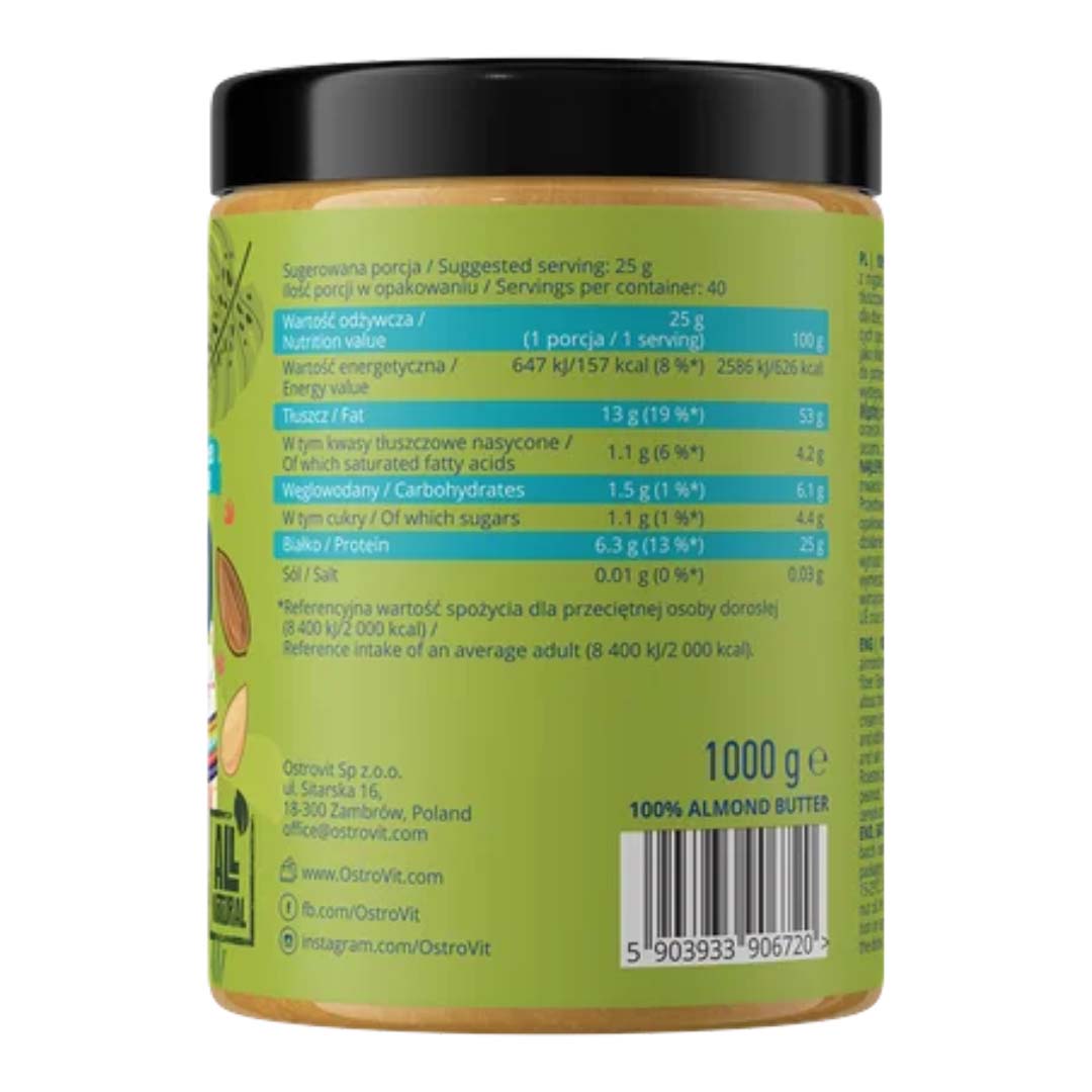 OstroVit Snack 100% Mantequilla de Almendra 1000 g Crunchy – Crema Saludable Sin Azúcar Añadido y Sin Aceite de Palma