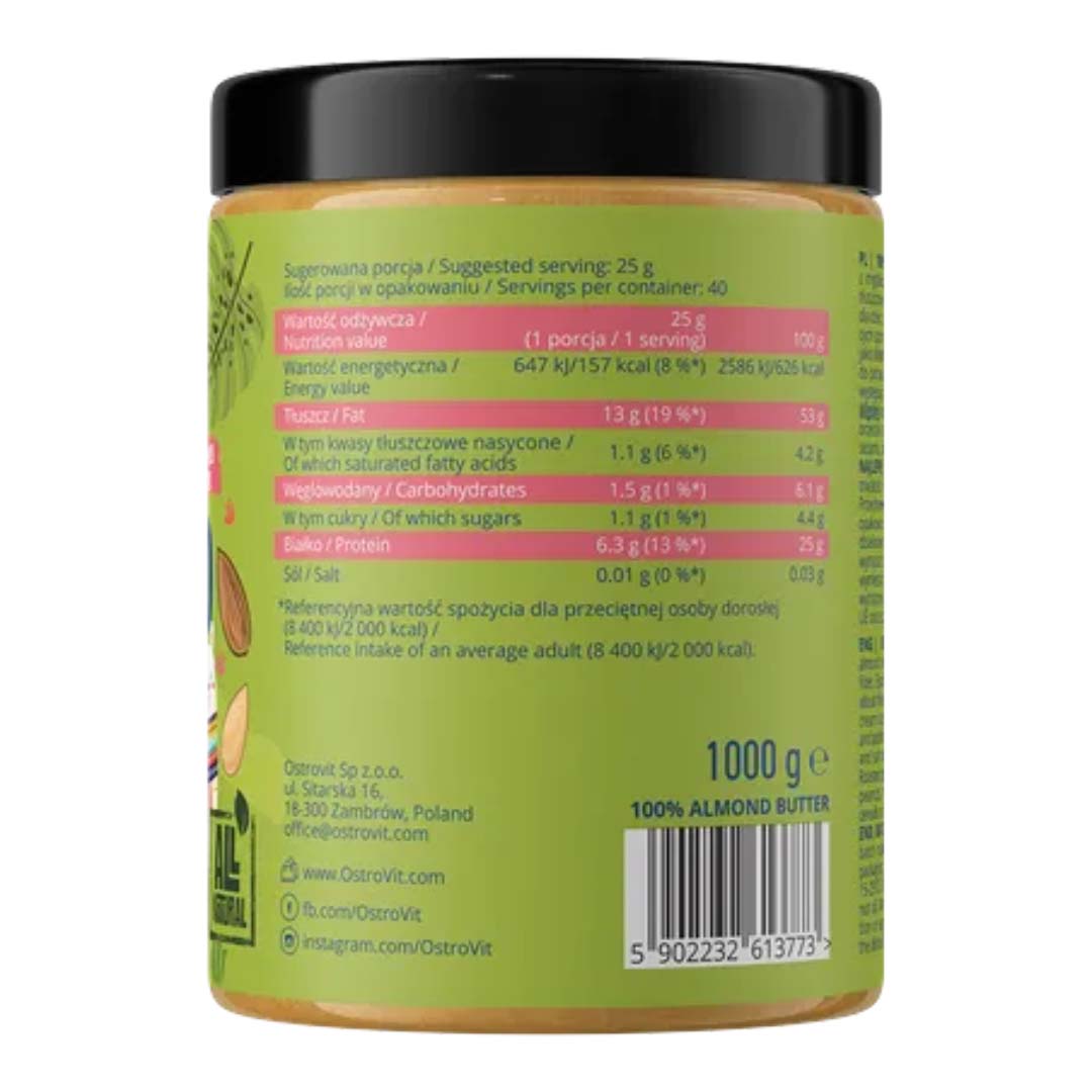 OstroVit Snack 100% Mantequilla de Almendra 1000 g Smooth – Crema Natural Sin Azúcar, Sin Sal y Sin Aceite de Palma