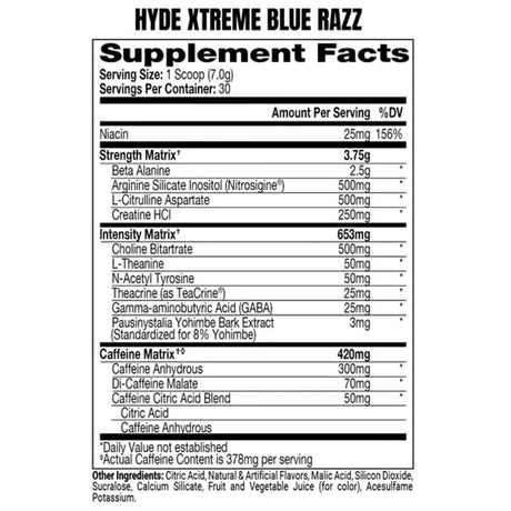 Información nutricional de ProSupps Hyde Xtreme Pre-Workout con 420 mg de cafeína por porción