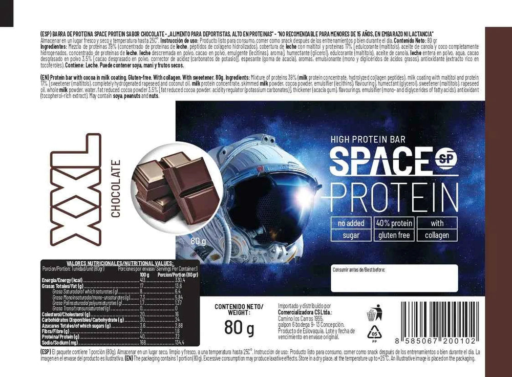Space Protein Barra de Proteína XXL Chocolate 80 g – Plant-Based, Bajo en Carbohidratos