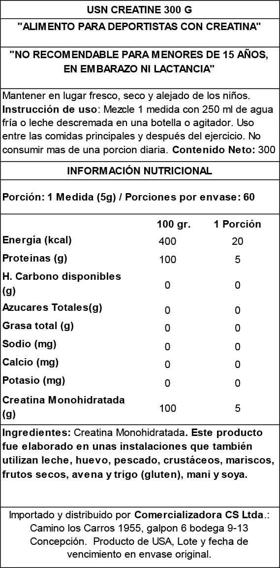 USN Pure Creatine 300 g Sin Sabor – Creatina Monohidratada Micronizada para Fuerza y Rendimiento
