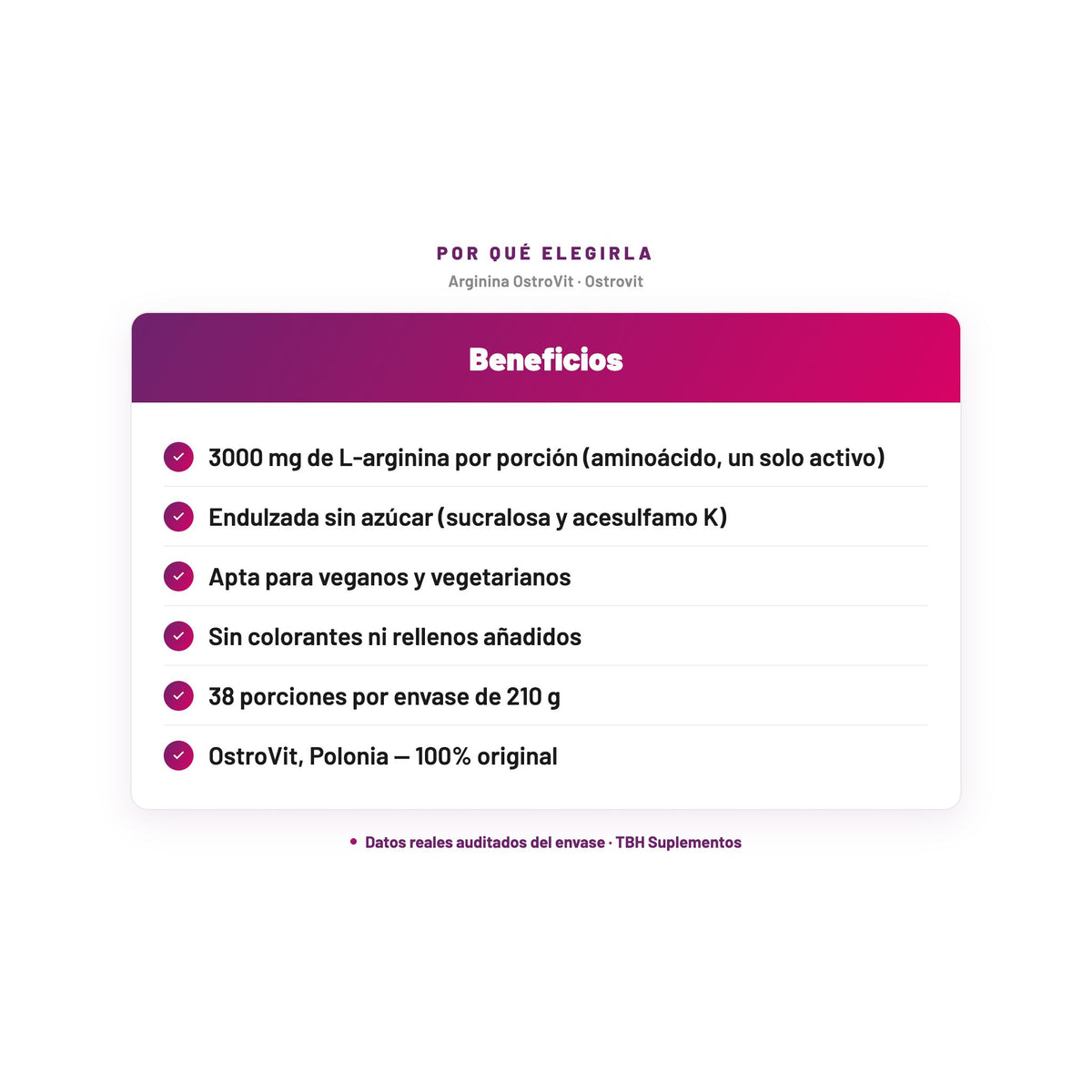 Arginina OstroVit — 3000 mg de L-arginina por porción (aminoácido, un solo activo); Endulzada sin azúcar (sucralosa y acesulfamo K); Apta para veganos y vegetarianos; Sin colorantes ni rellenos añadidos; 38 porciones por envase de 210 g; OstroVit, Polonia — 100% original